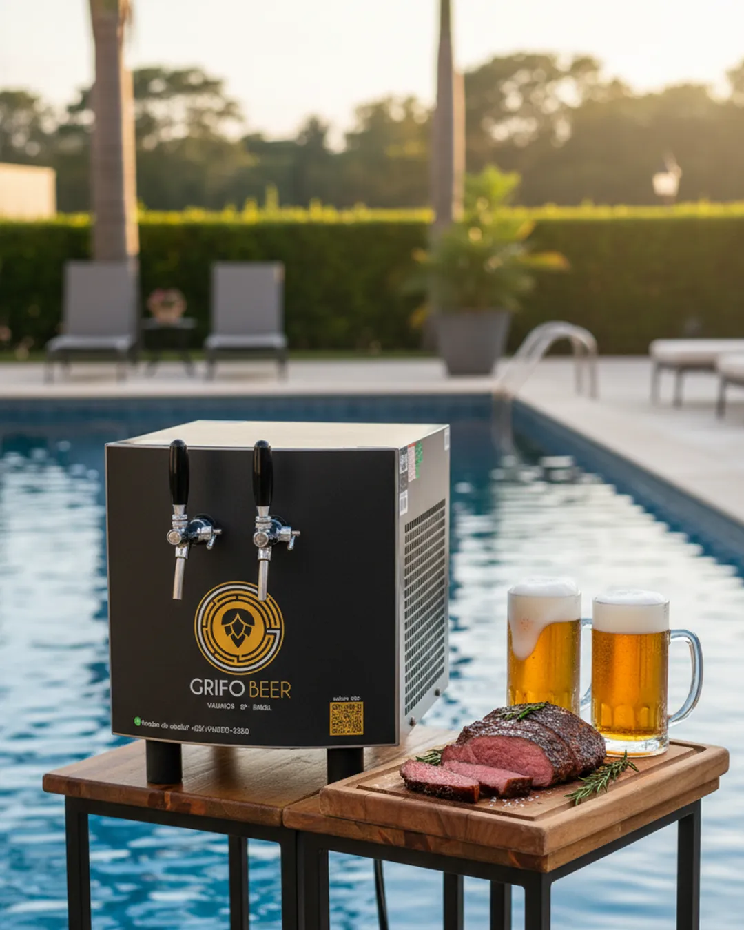 Chopeira Grifo Beer com barris de chopp artesanal em área de piscina, pronta para churrasco em Valinhos